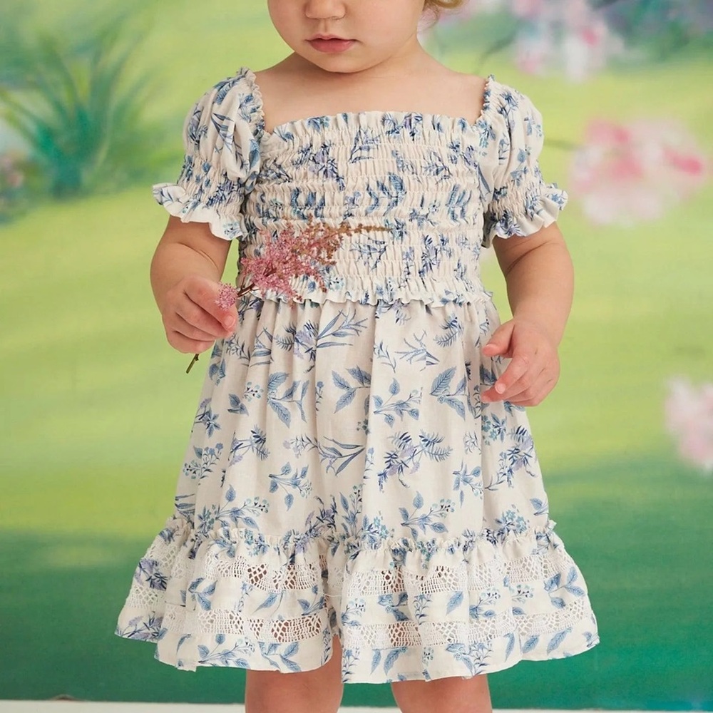 Mi Golondrina Baby Girl Blue Floral Smocked Dress Size 1 Boho Lace Ruffle